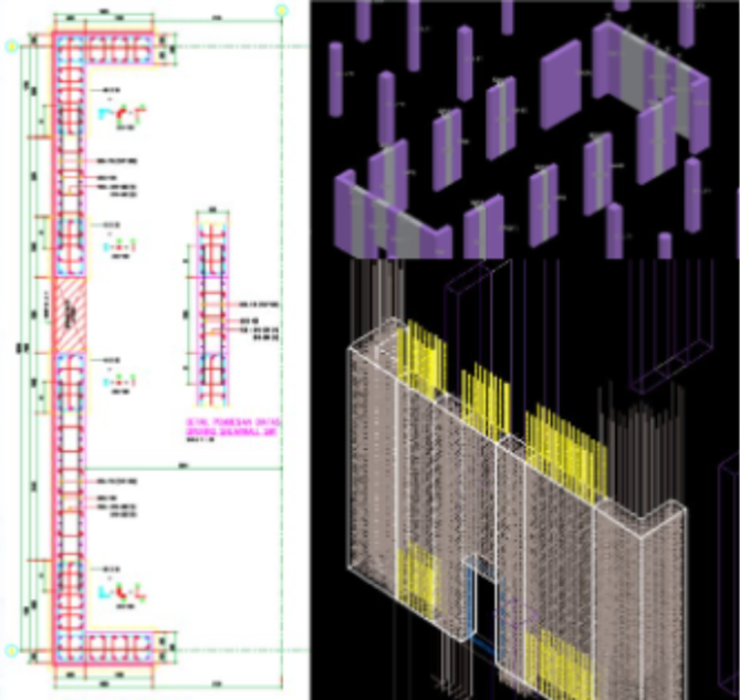 Side-by-side 2D drawing and 3D visualization of rebar layouts generated with Glodon Cubicost TRB, following Indonesian SNI structural standards.