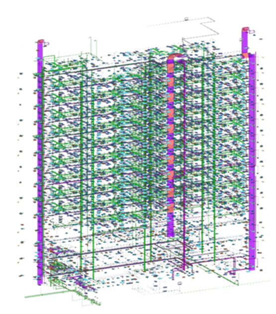 Multidisciplinary 3D MEP (mechanical, electrical, plumbing) model for ASN Apartment 2 tower created in Glodon Cubicost TME, used for integrated cost estimation and coordination.