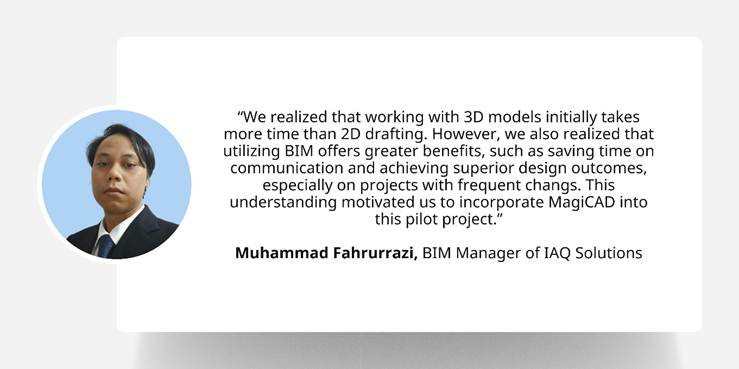 Quote card featuring Muhammad Fahrurrazi, BIM Manager of IAQ Solutions, highlighting the benefits of using 3D modeling and BIM with MagiCAD to improve communication and achieve superior design outcomes for projects with frequent changes.